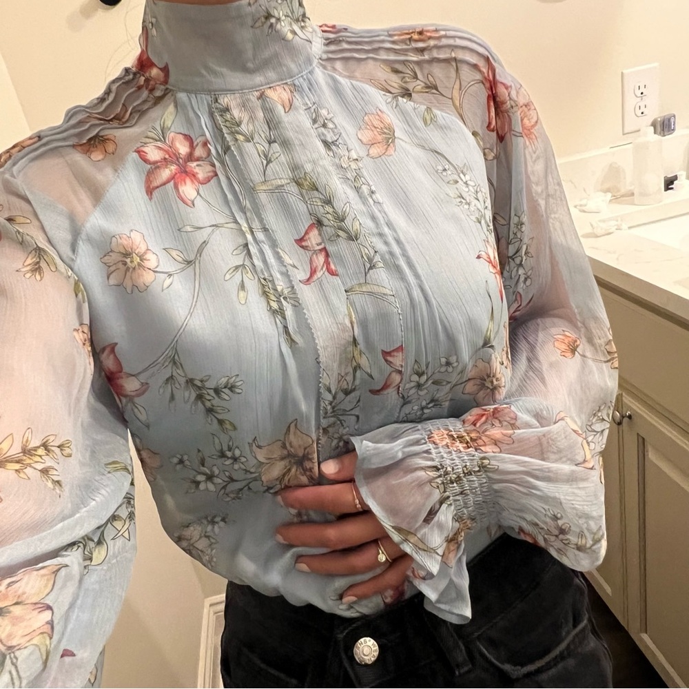 Blue Floral Mock Neck Flowy Sleeve Top